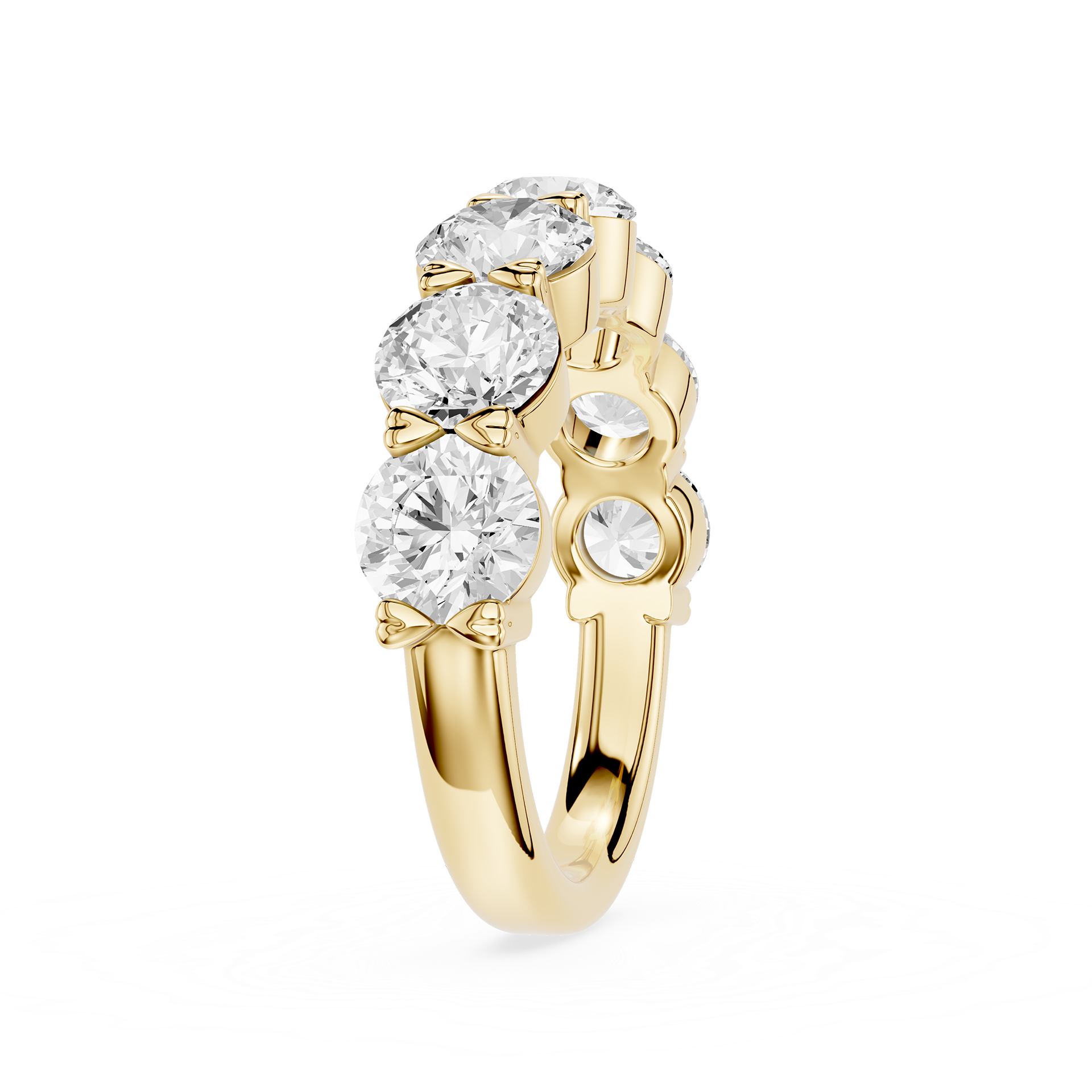 A yellow gold ring featuring a cluster of round brilliant-cut clear gemstones on the top, with smaller accent stones on the side, set against a plain white background.