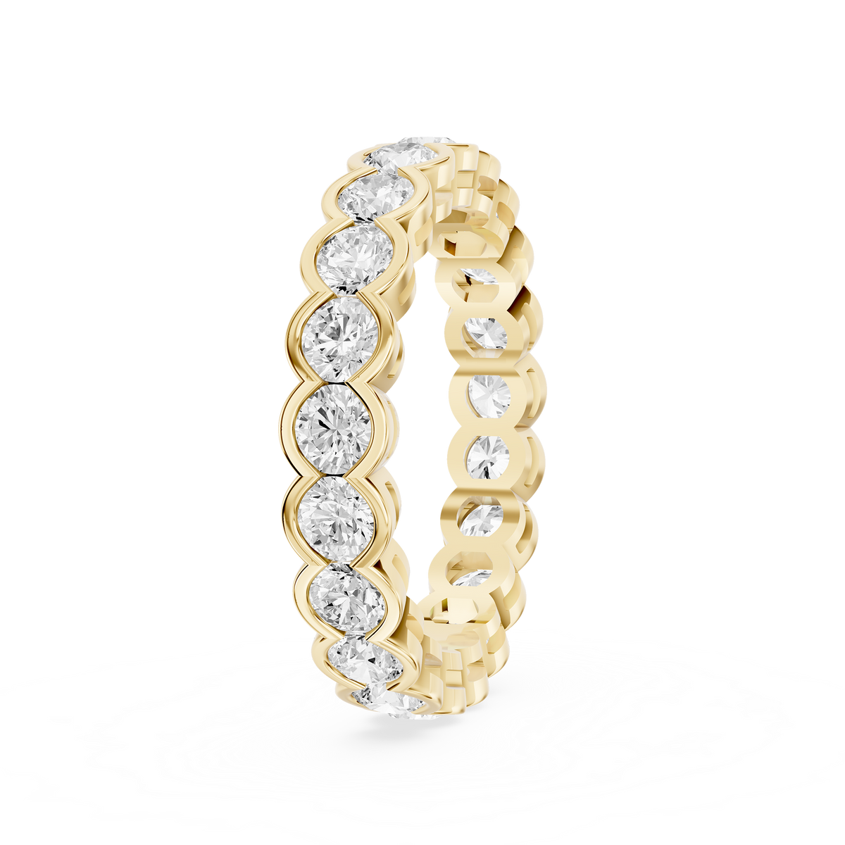 Full eternity diamond ring in yellow gold showcasing round brilliant diamonds framed by curved gold bezels