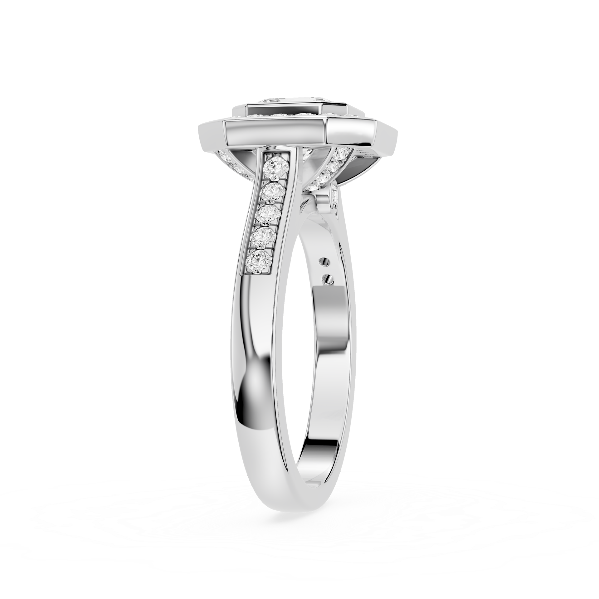 Silver ring with diamond accents on a white background