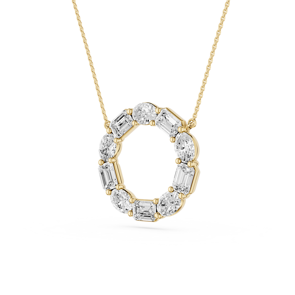 Gold necklace with a diamond pendant on a white background