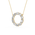 Gold necklace with a diamond pendant on a white background