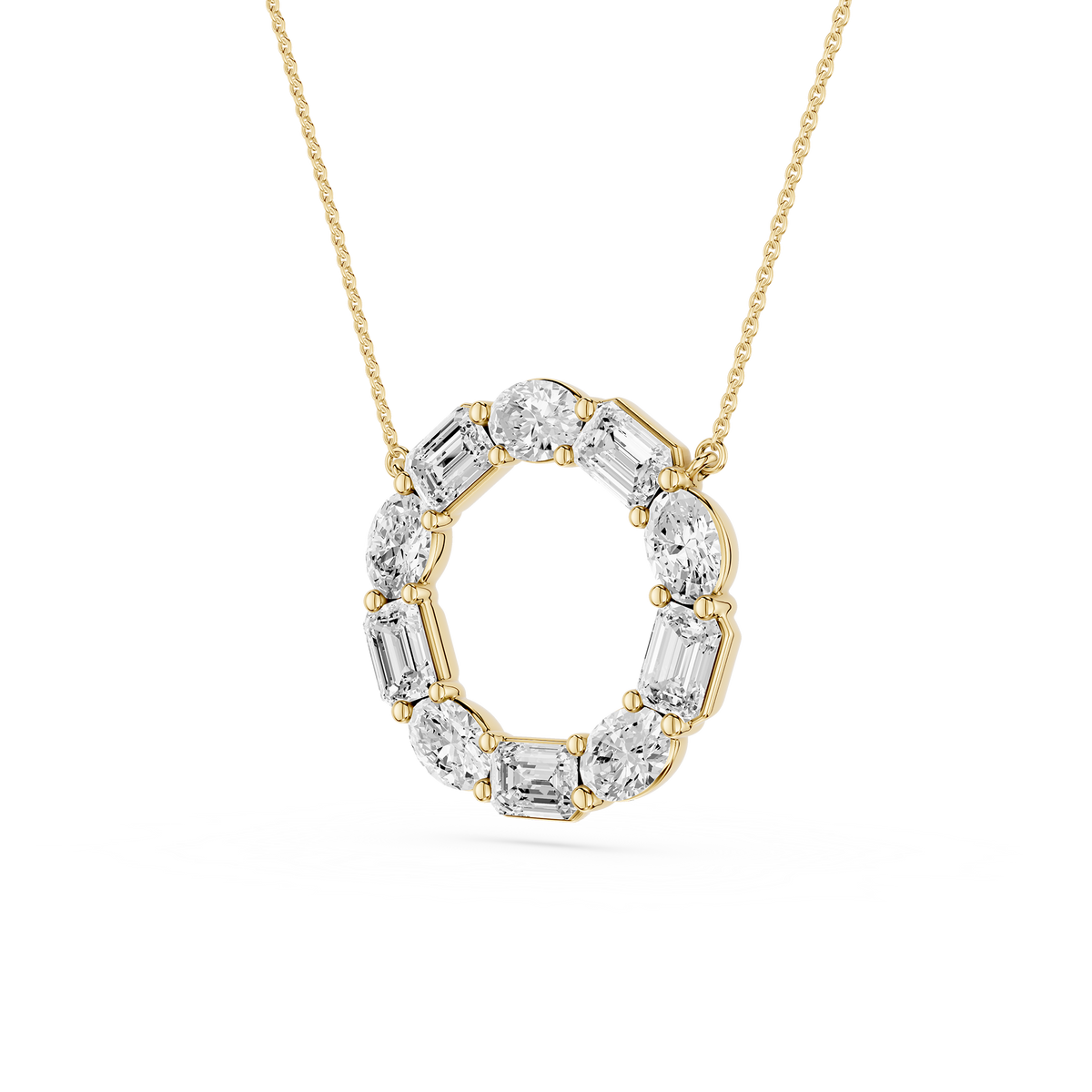 Gold necklace with a diamond pendant on a white background
