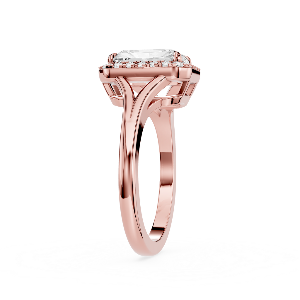Rose gold ring with a diamond on a white background