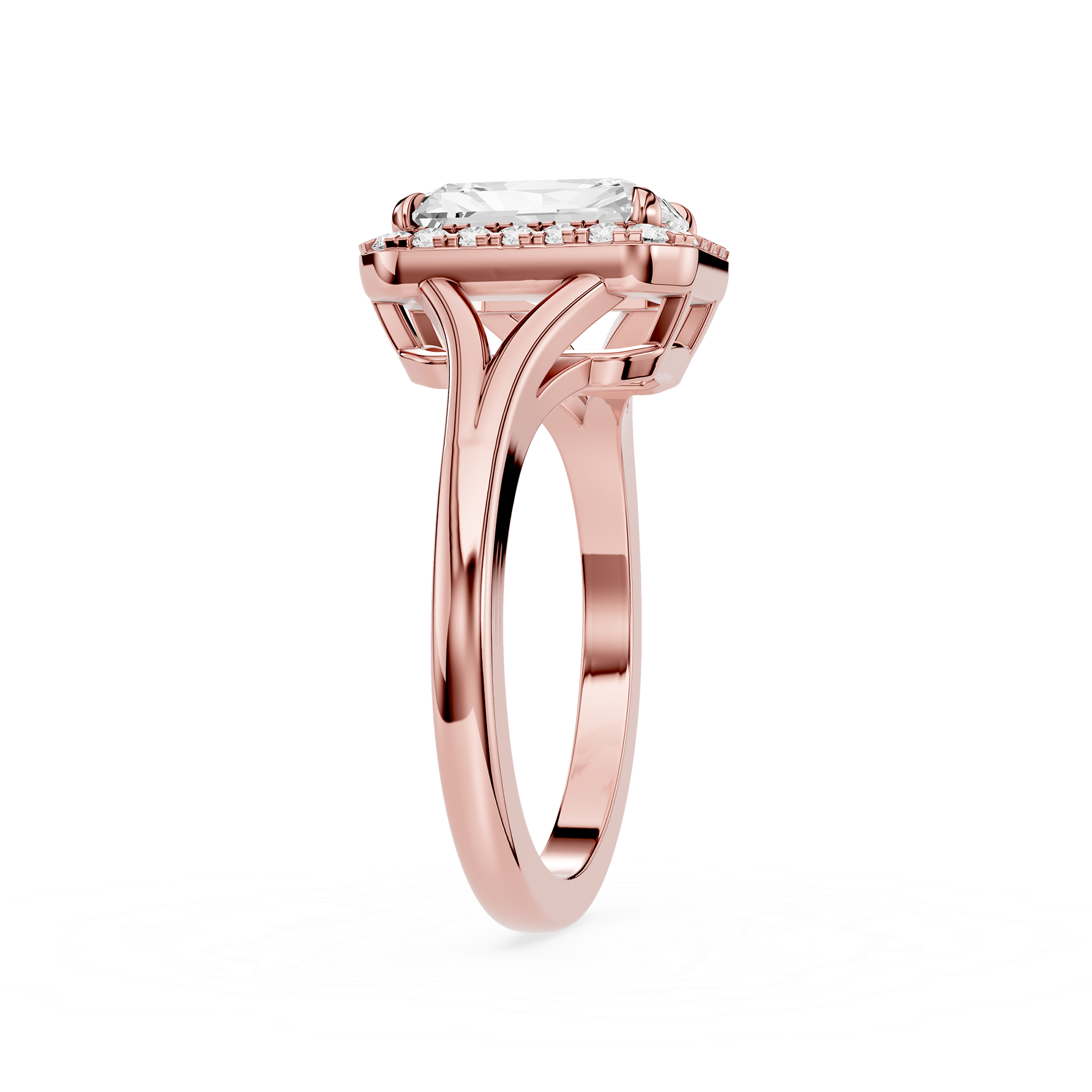 Rose gold ring with a diamond on a white background