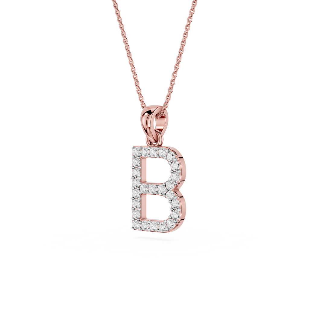 Side View Of Rose Gold Round Cut Lab Grown Diamond Pave Letter B Initial Pendant