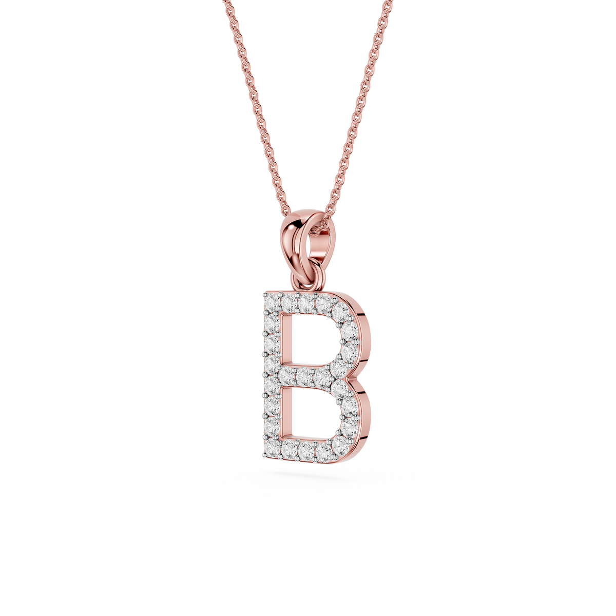 Side View Of Rose Gold Round Cut Lab Grown Diamond Pave Letter B Initial Pendant