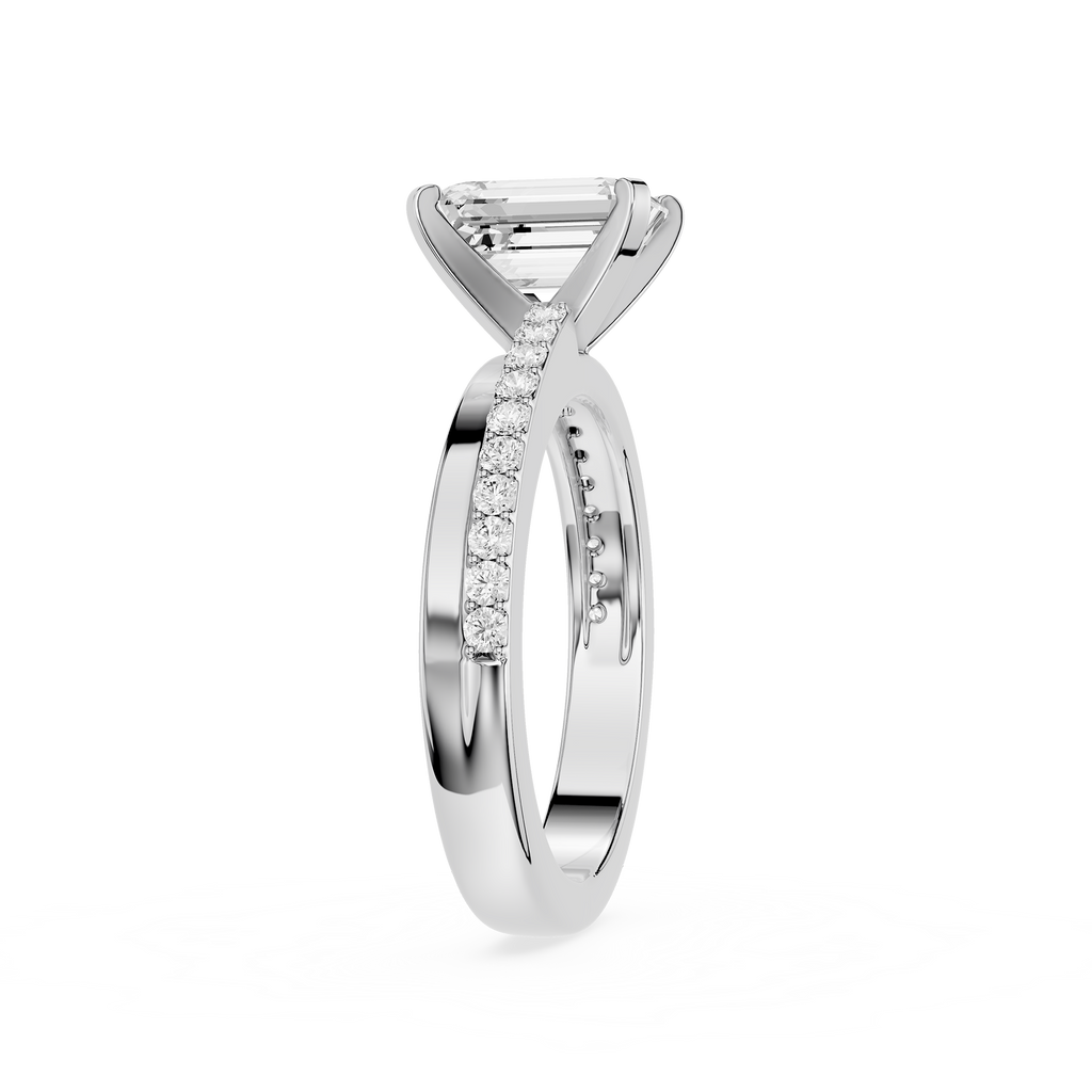 Silver ring with diamond accents on a white background