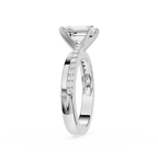 Silver ring with diamond accents on a white background