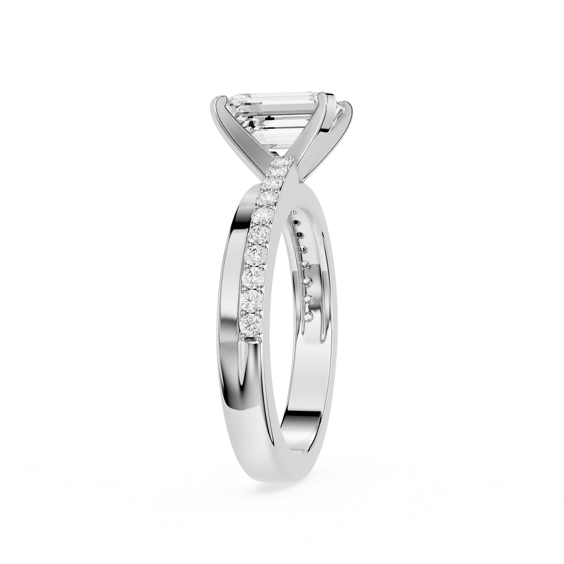 Silver ring with diamond accents on a white background