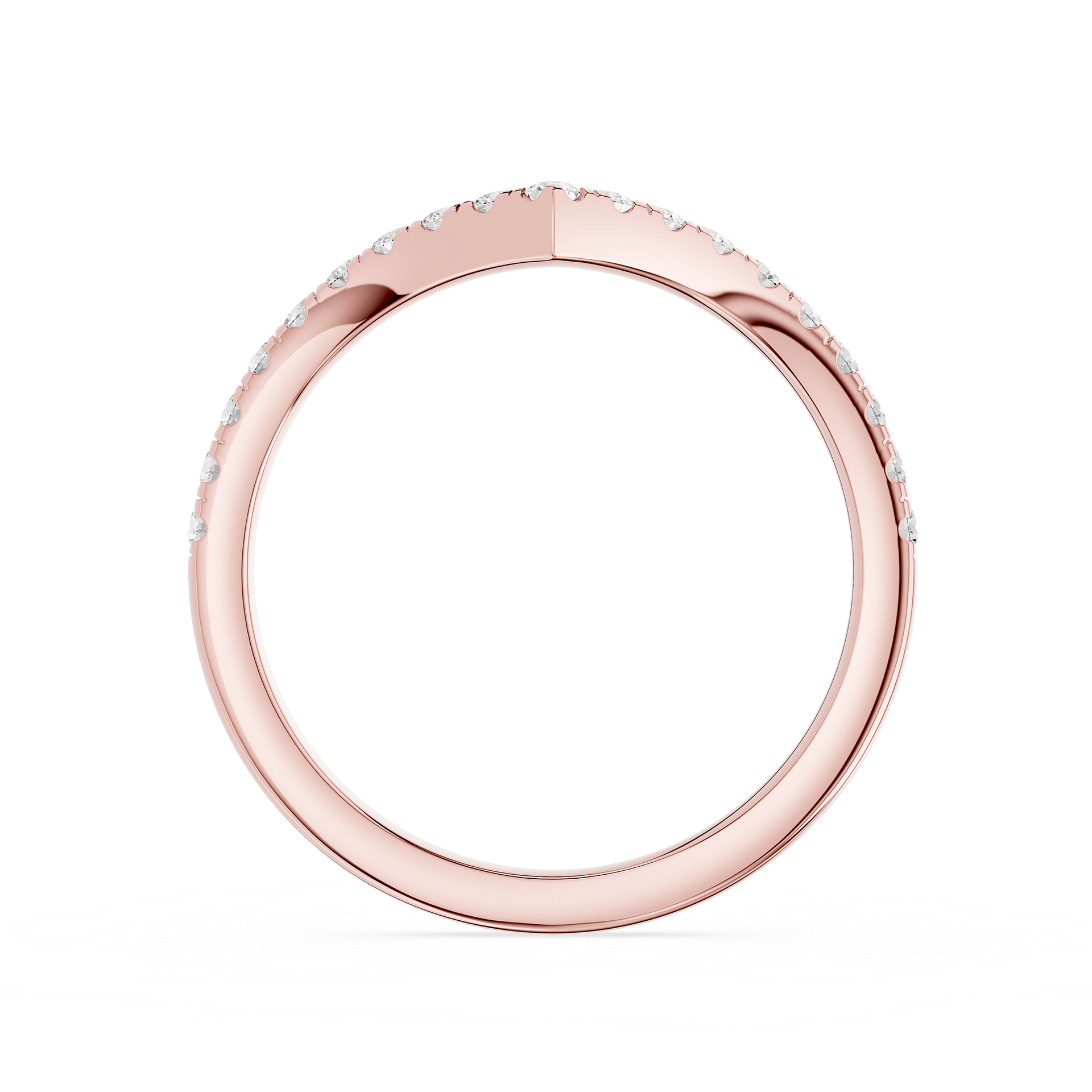 Rose gold ring with small diamonds on a white background