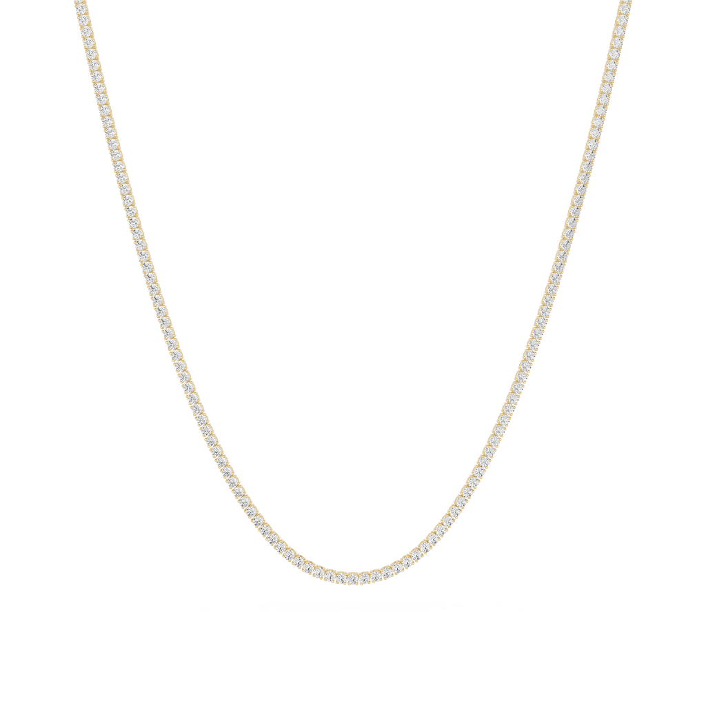 Yellow gold round lab-grown diamond tennis necklace featuring a classic graduated curve and prong-set round diamonds arranged in a continuous strand.