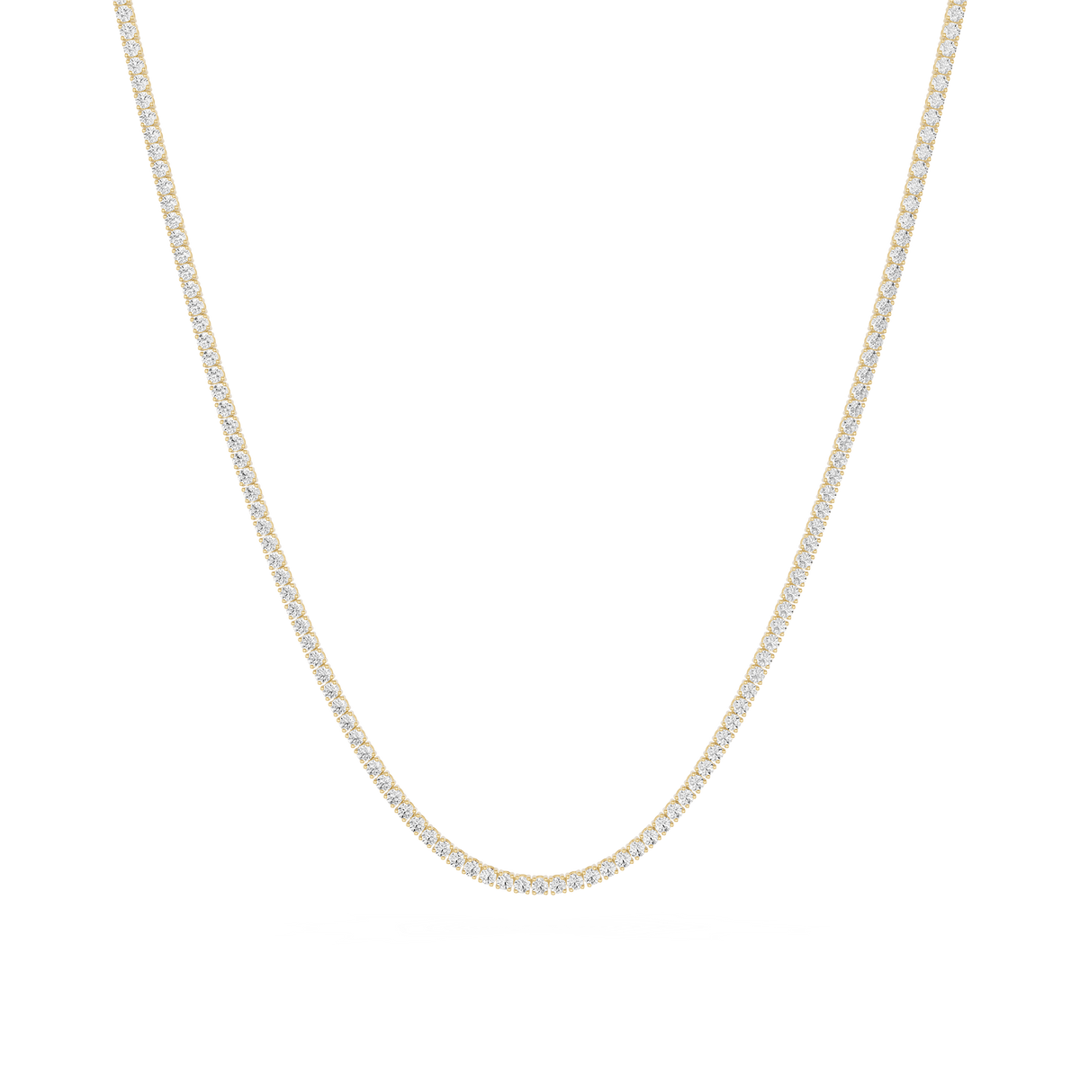 Yellow gold round lab-grown diamond tennis necklace featuring a classic graduated curve and prong-set round diamonds arranged in a continuous strand.