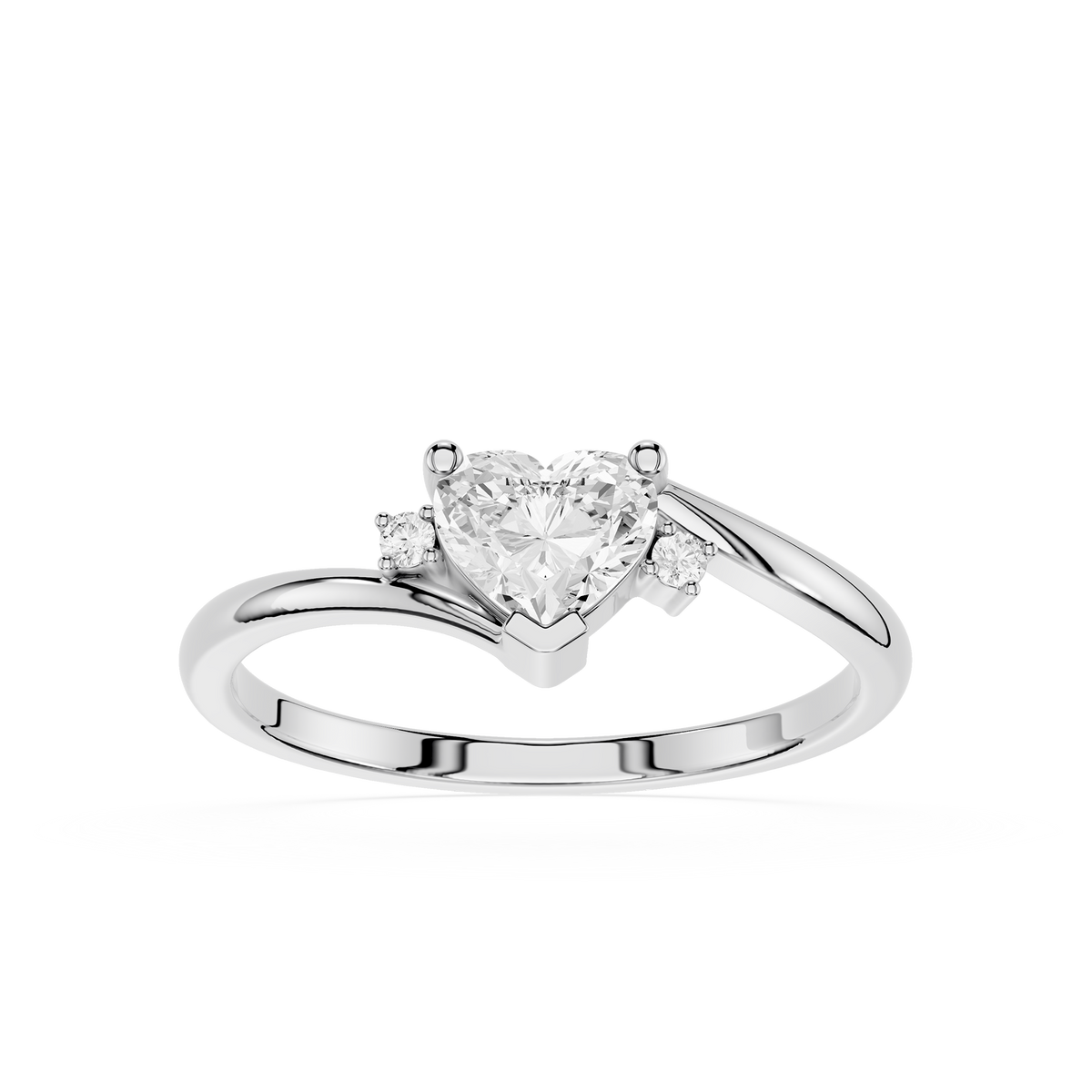 Heart Cut Lab Grown Diamond Ring in White Gold with a bypass design, heart shaped center diamond, and round accent diamonds for modern styling.