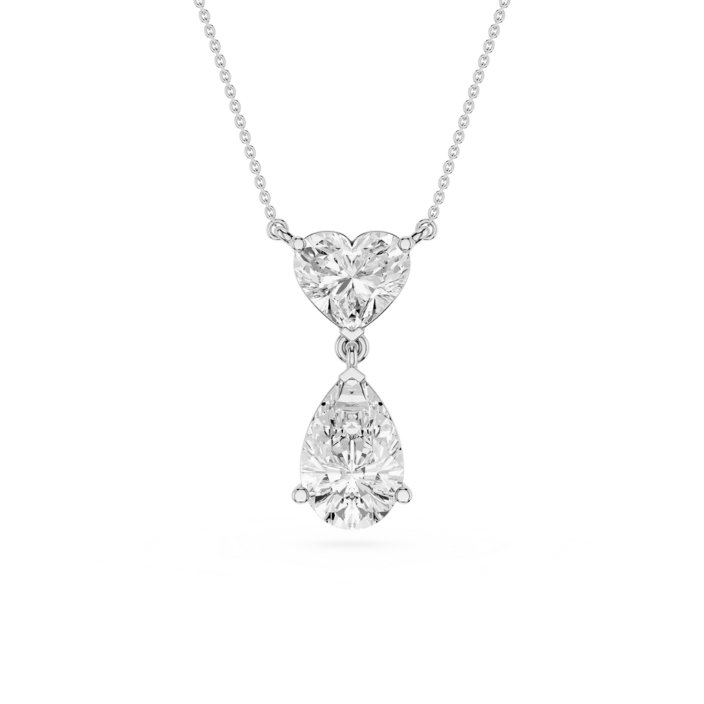 Diamond necklace with heart and teardrop pendants on a white background