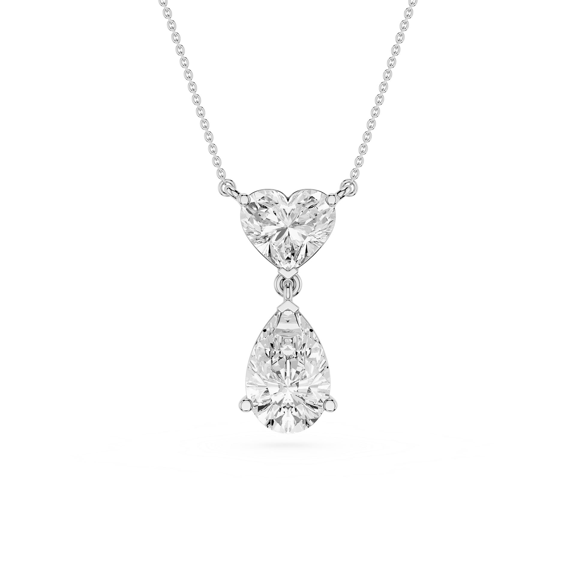 Diamond necklace with heart and teardrop pendants on a white background