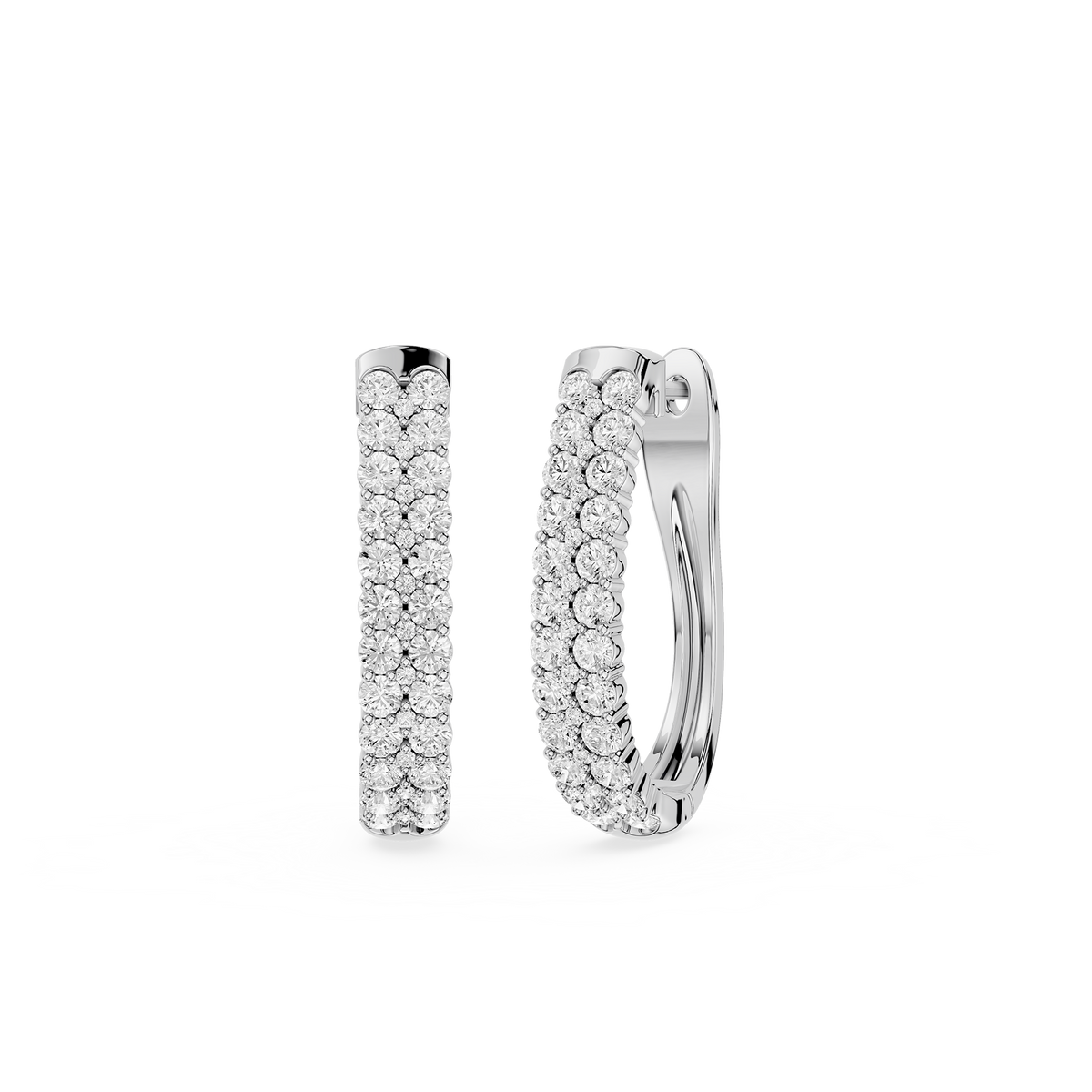 1. Double row round diamond huggies in white gold showcasing closely matched lab grown stones across the entire front surface.