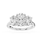 White gold three stone lab grown diamond engagement ring showcasing a large oval center diamond and matching oval side stones