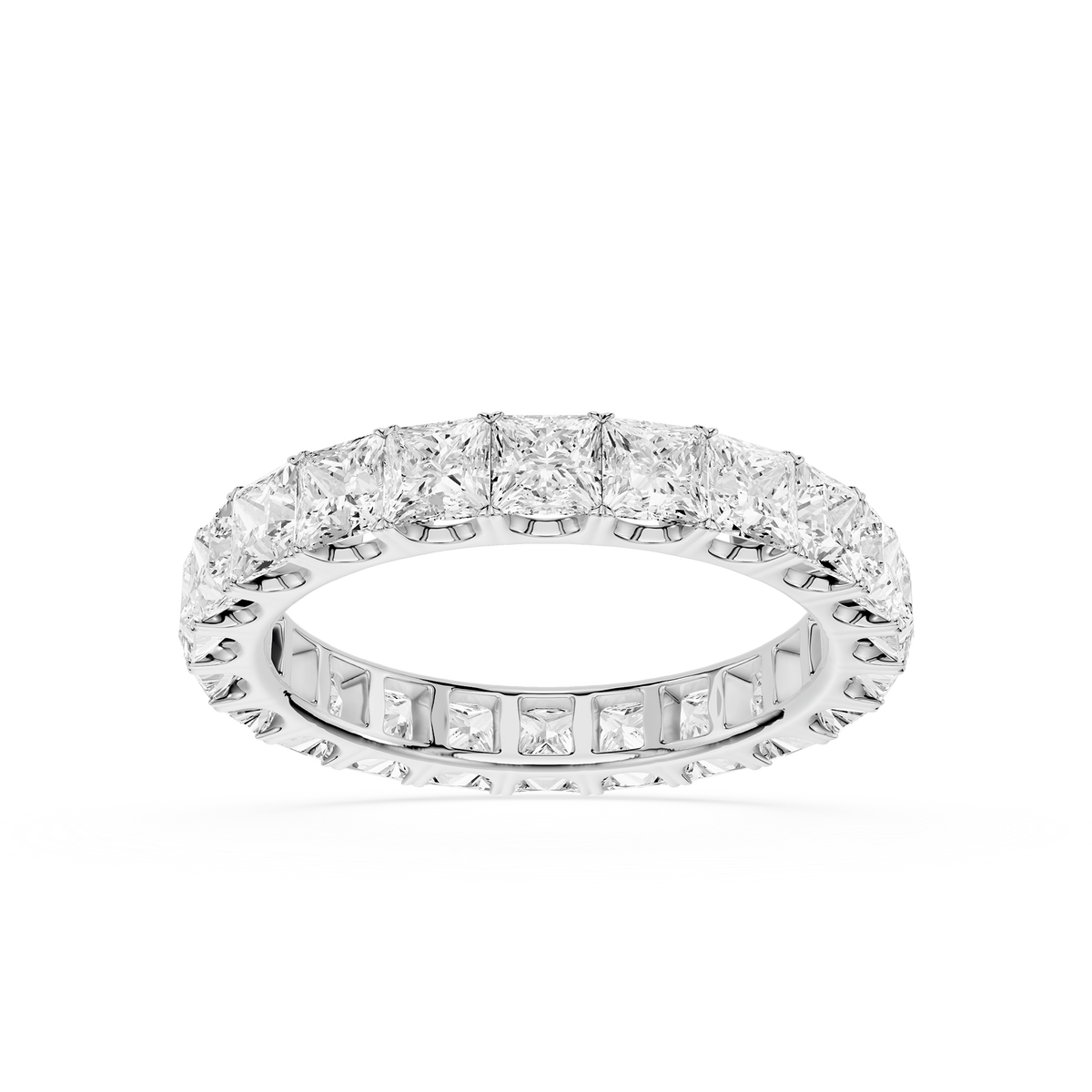 Princess cut eternity ring crafted in white gold, featuring a seamless circle of lab grown diamonds for a refined and contemporary appearance.