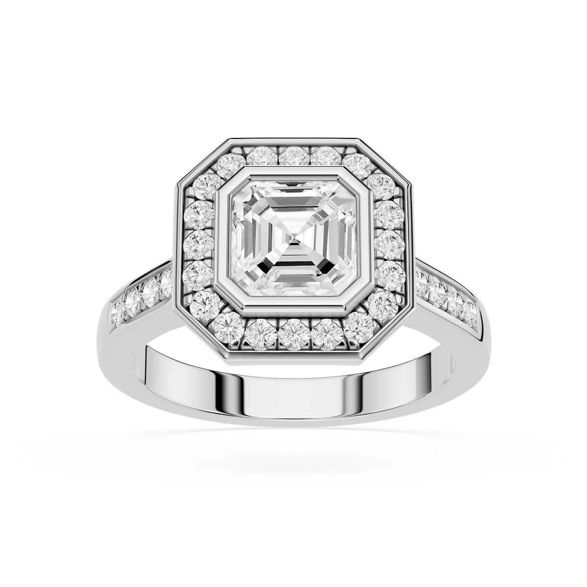 Front View OF White Gold Art Deco Emerald Cut Lab Diamond Double Halo Engagement Ring