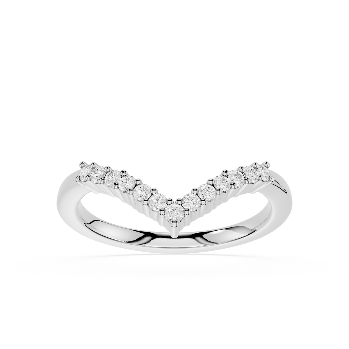White Gold V Shape Diamond Wedding Band with graduated round lab grown diamonds and a contoured profile designed for bridal ring stacks.