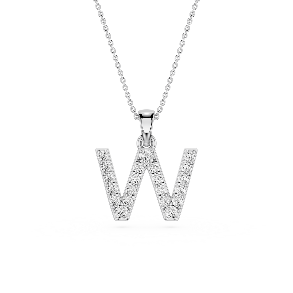 Silver necklace with a 'W' pendant on a white background