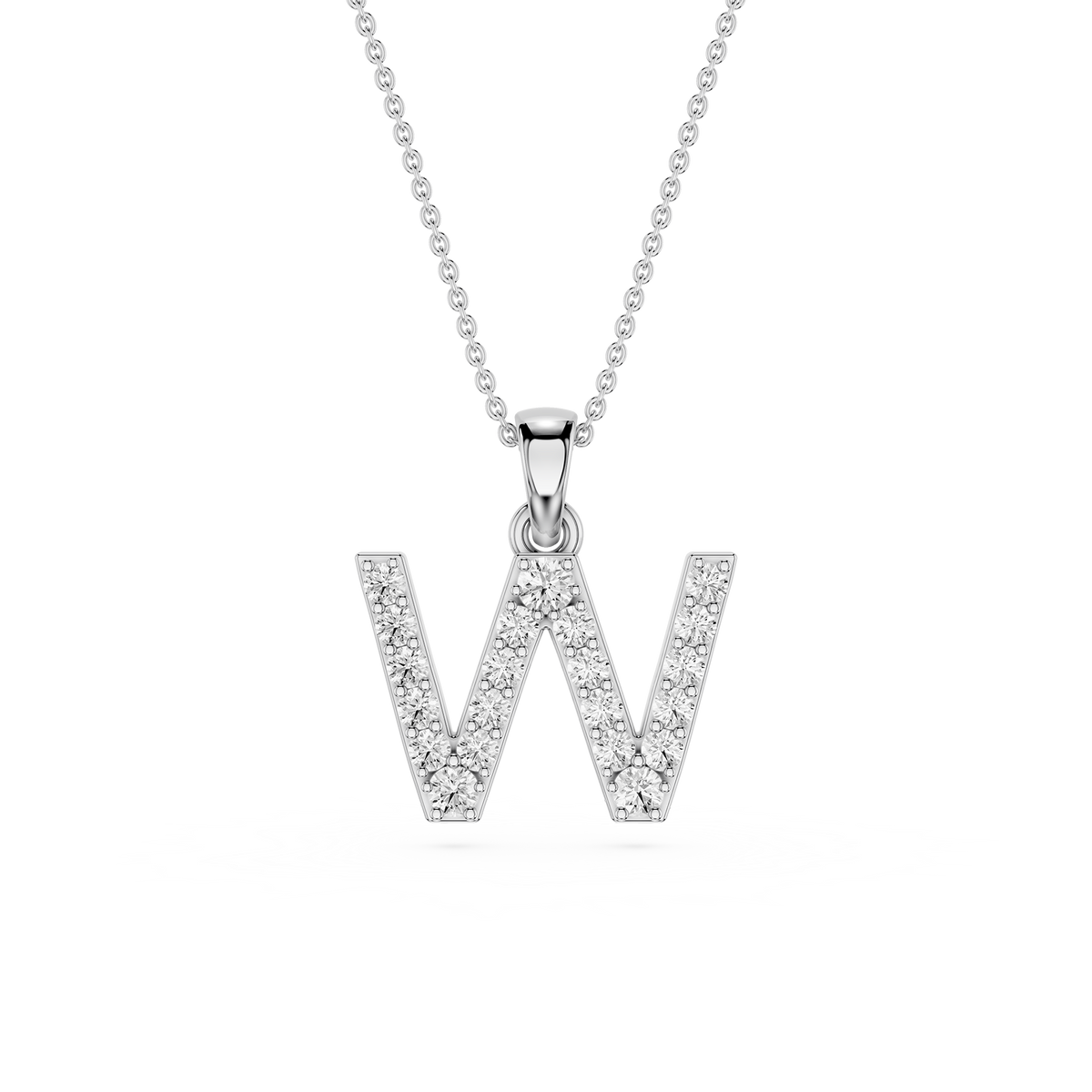 Silver necklace with a 'W' pendant on a white background