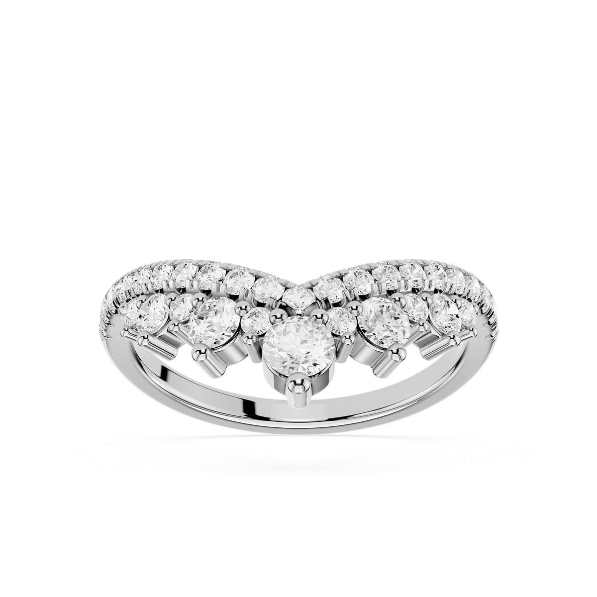 White gold double row curved wedding ring with graduated round lab grown diamonds, stacking band for bridal sets