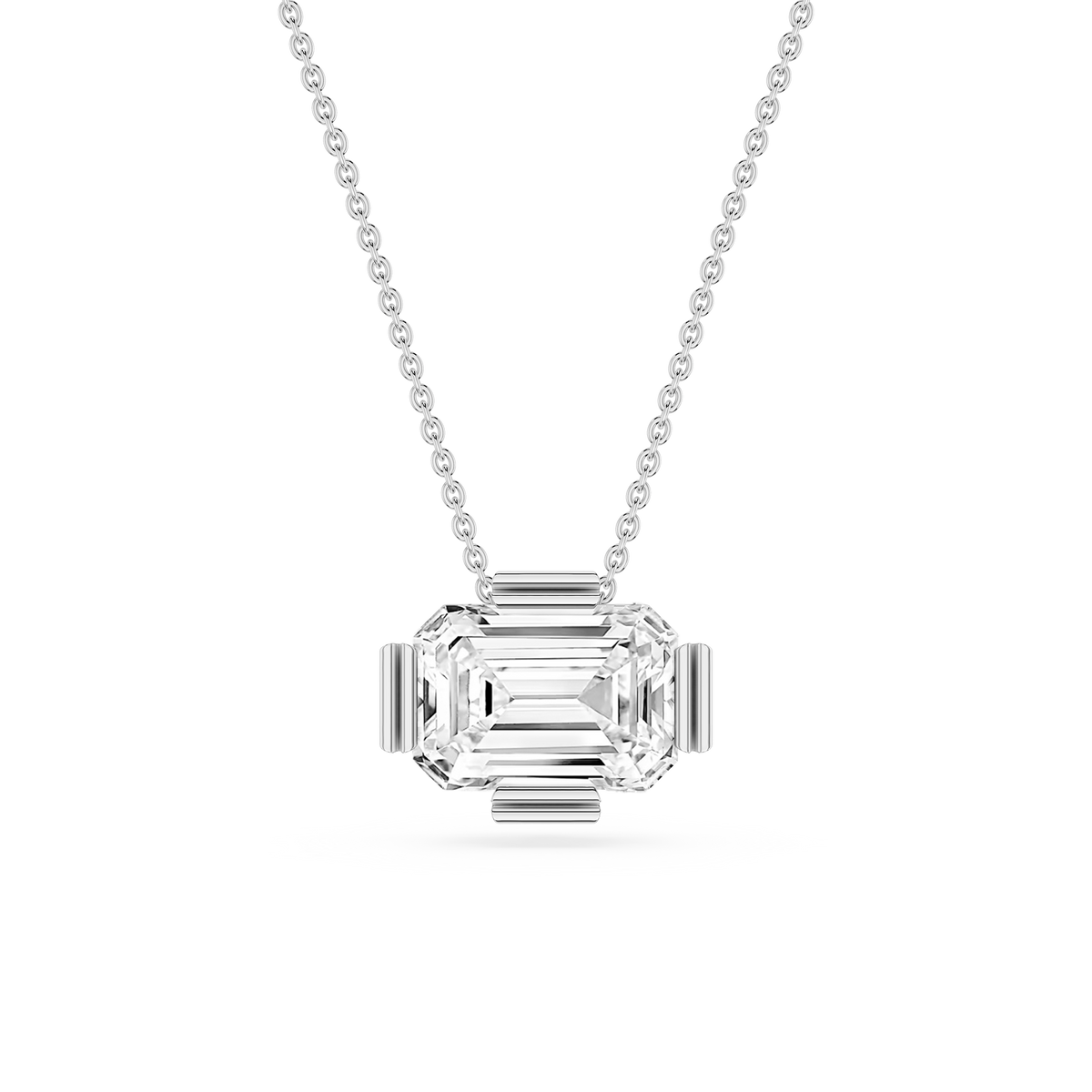 Diamond necklace with emerald-cut pendant on a white background
