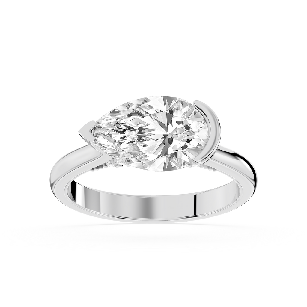 White gold pear shaped lab grown diamond engagement ring featuring an east west setting and curved half bezel design