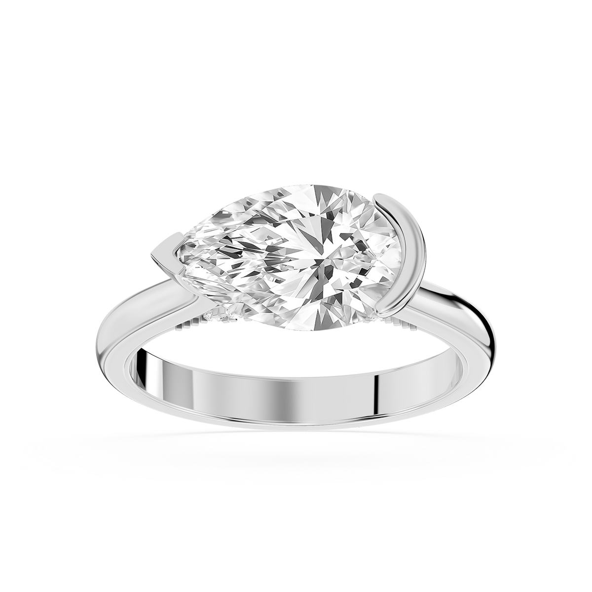 White gold pear shaped lab grown diamond engagement ring featuring an east west setting and curved half bezel design