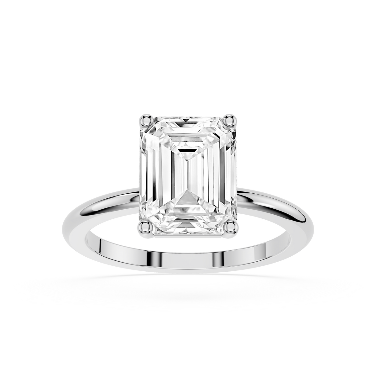 Front View Of White Gold Emerald Cut Lab Diamond Basket Setting Engagement Ring