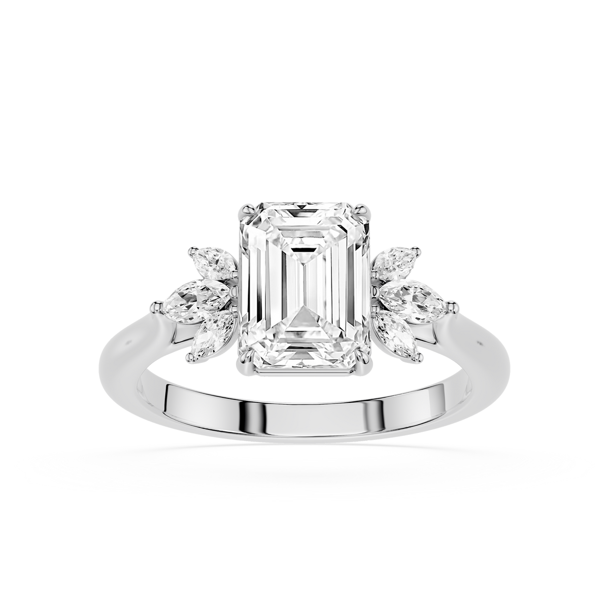 White Gold Emerald Diamond Engagement Ring, Marquise Cluster Side Stones, Lab Created Diamond Ring, Bridal Jewelry, Wedding Ring for Women, Statement Diamond Ring, Fine Jewelry
