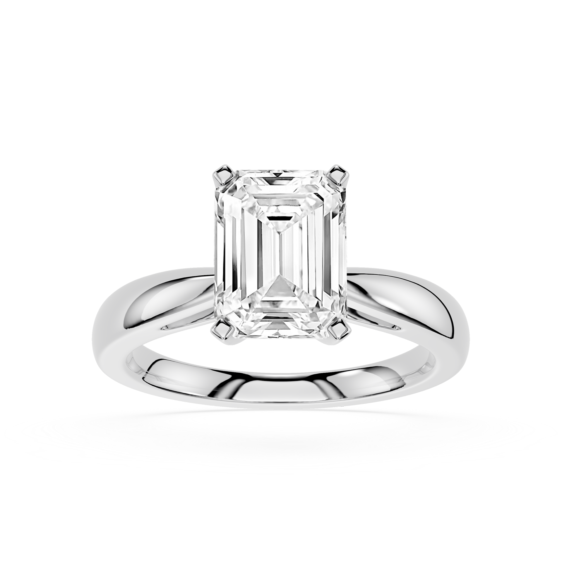 Diamond ring with emerald-cut gemstone on a white background