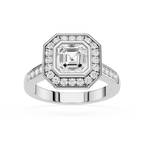Diamond ring with a central gemstone and smaller diamonds on a white background