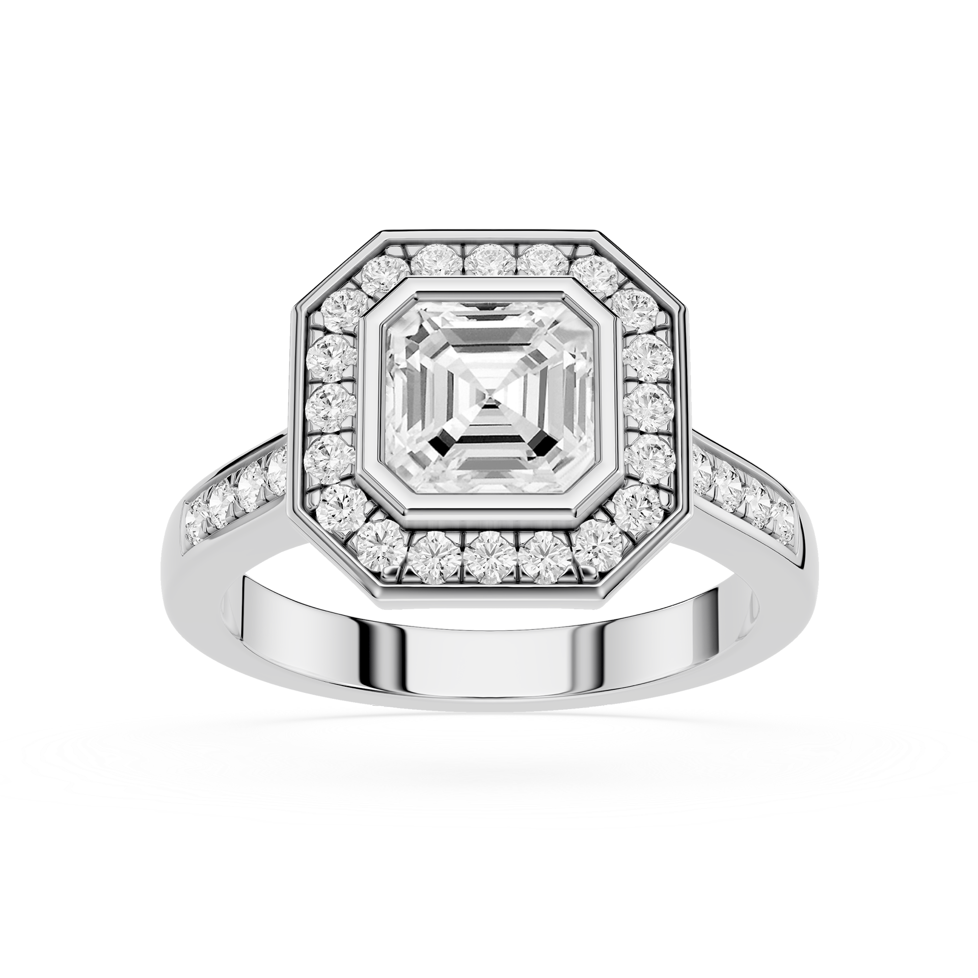 Diamond ring with a central gemstone and smaller diamonds on a white background