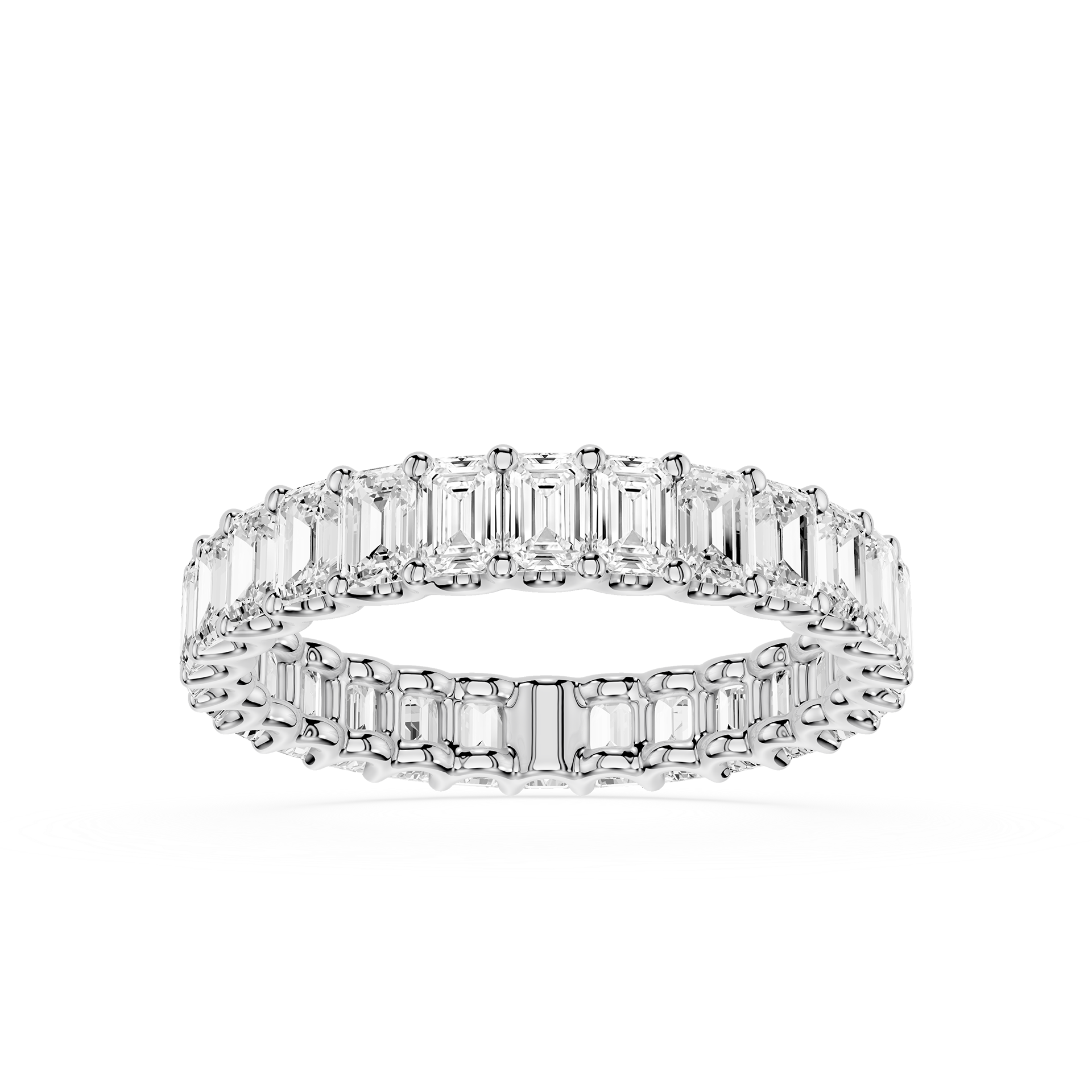 A double-row eternity ring featuring baguette-cut clear gemstones in a silver-toned setting, presented on a clean white background.