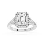 Diamond ring with emerald-cut center stone on a white background