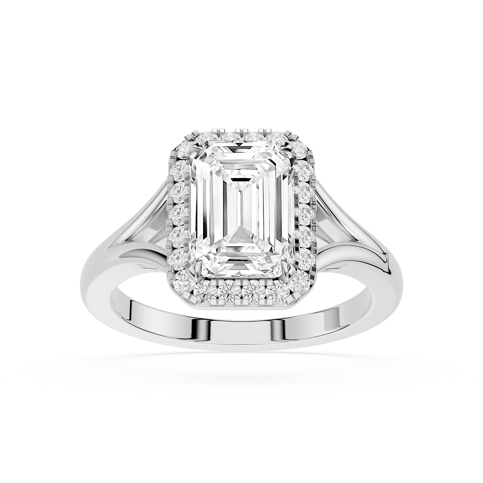 Diamond ring with emerald-cut center stone on a white background