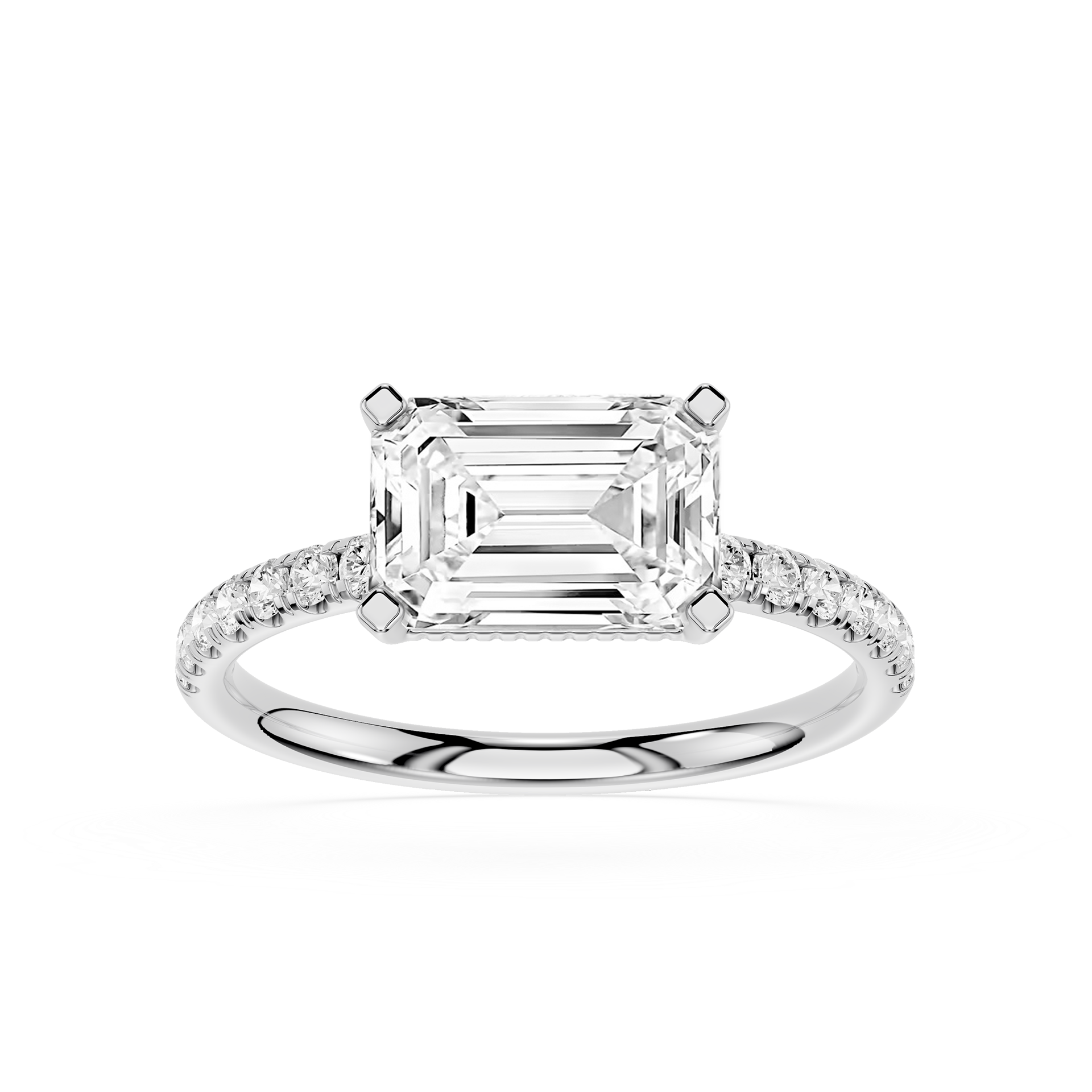 An emerald-cut diamond engagement ring in a silver-colored metal band with pavé-set accent diamonds, shown on a clean white background.
