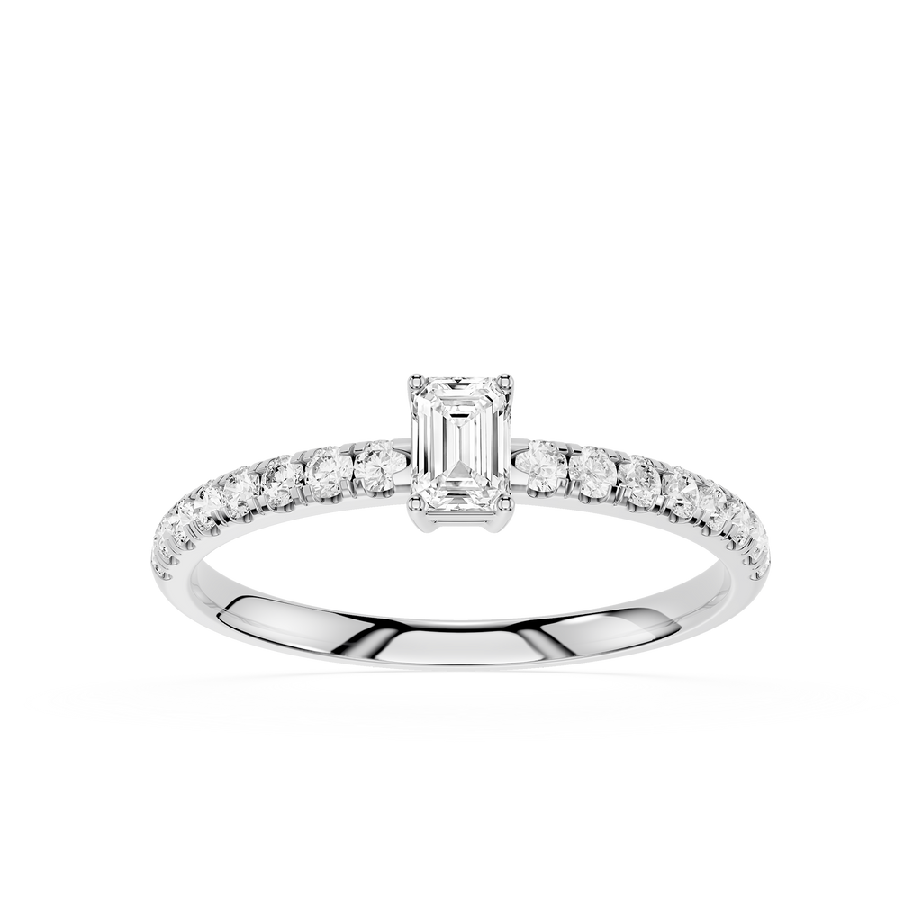 Diamond ring with a central emerald-cut diamond and smaller round diamonds on a white background