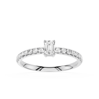 Diamond ring with a central emerald-cut diamond and smaller round diamonds on a white background