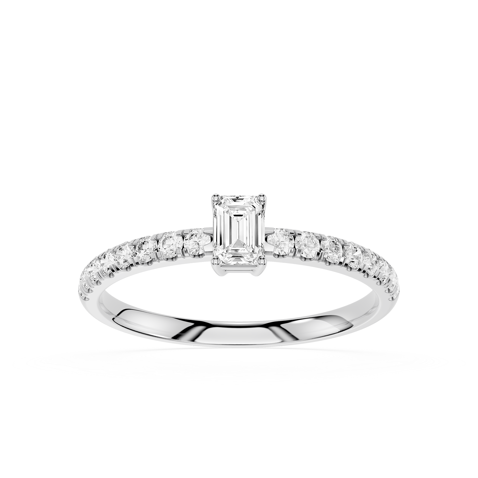 Diamond ring with a central emerald-cut diamond and smaller round diamonds on a white background