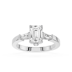 Diamond ring with emerald-cut center stone and smaller side stones on a white background