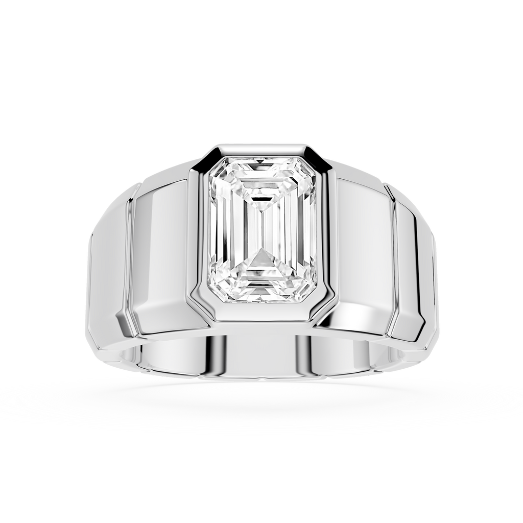 Silver ring with a large diamond on a white background