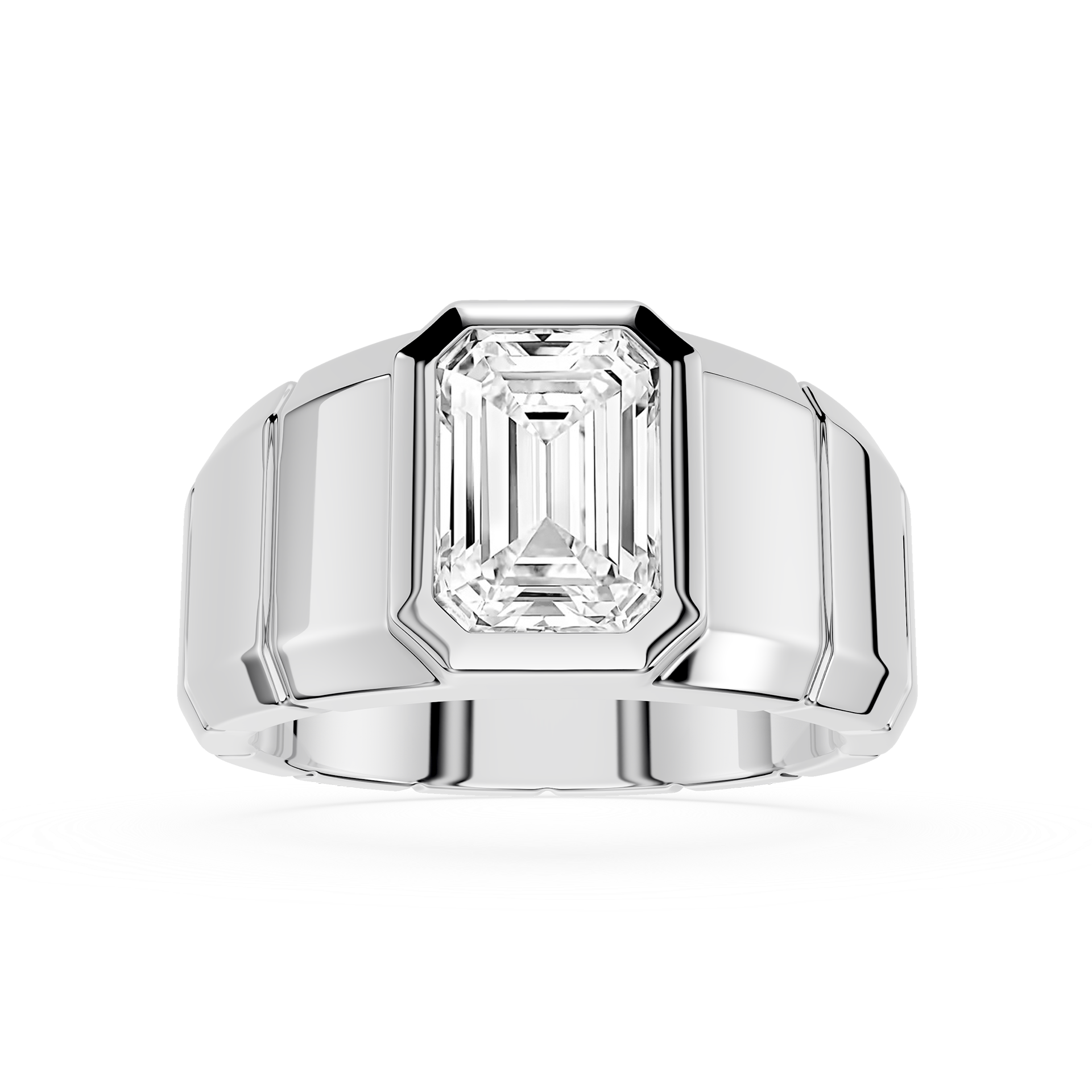 Silver ring with a large diamond on a white background