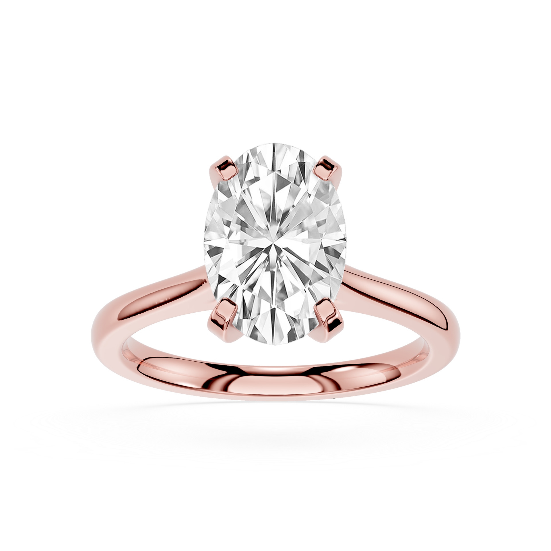 Rose gold ring with a large diamond on a white background