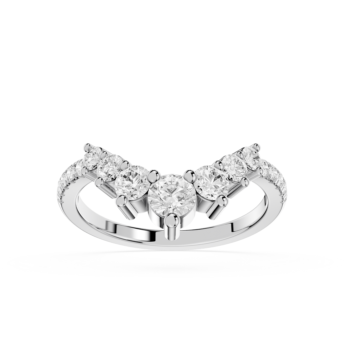 Graduated round lab grown diamond curved wedding band in white gold with shared prong setting, bridal jewelry for women
