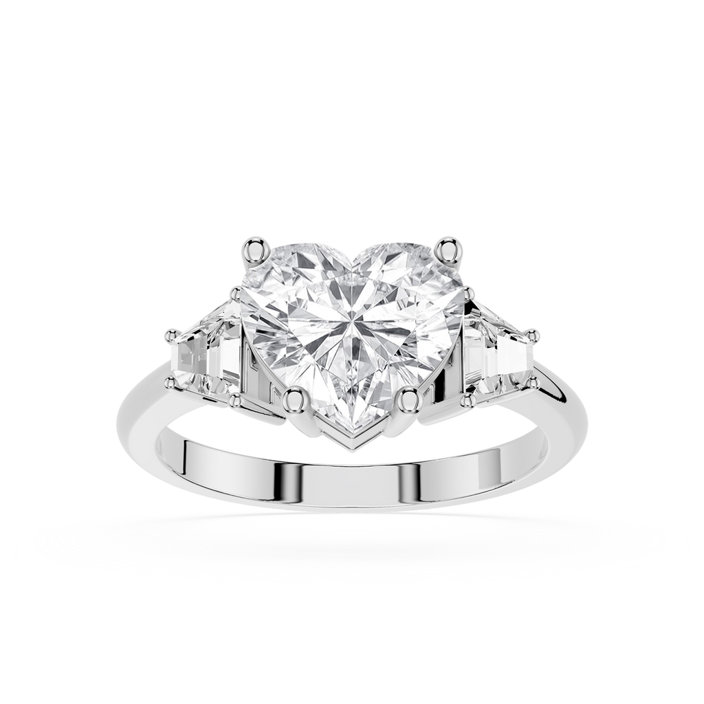 Diamond ring with a heart-shaped center stone on a white background