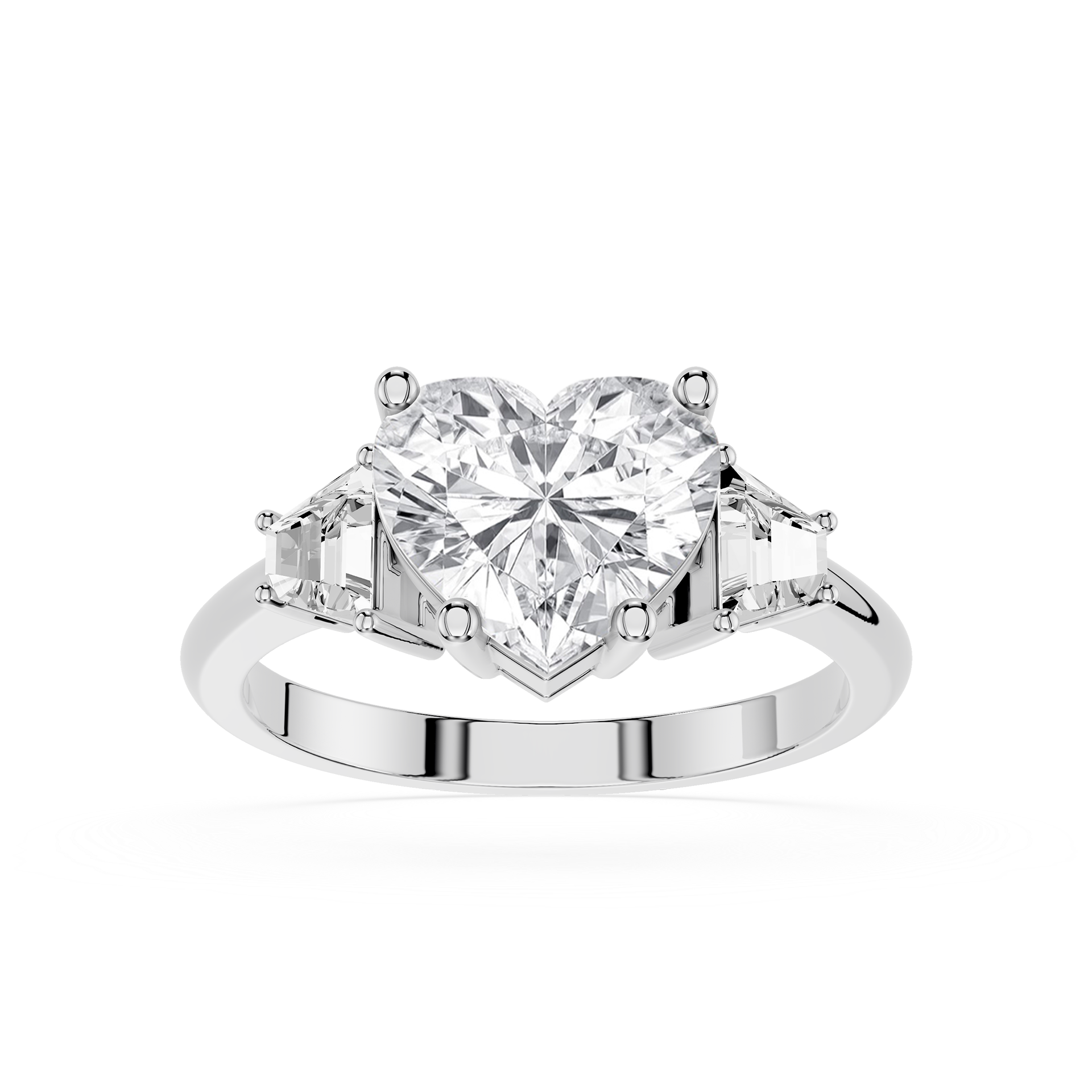 Diamond ring with a heart-shaped center stone on a white background
