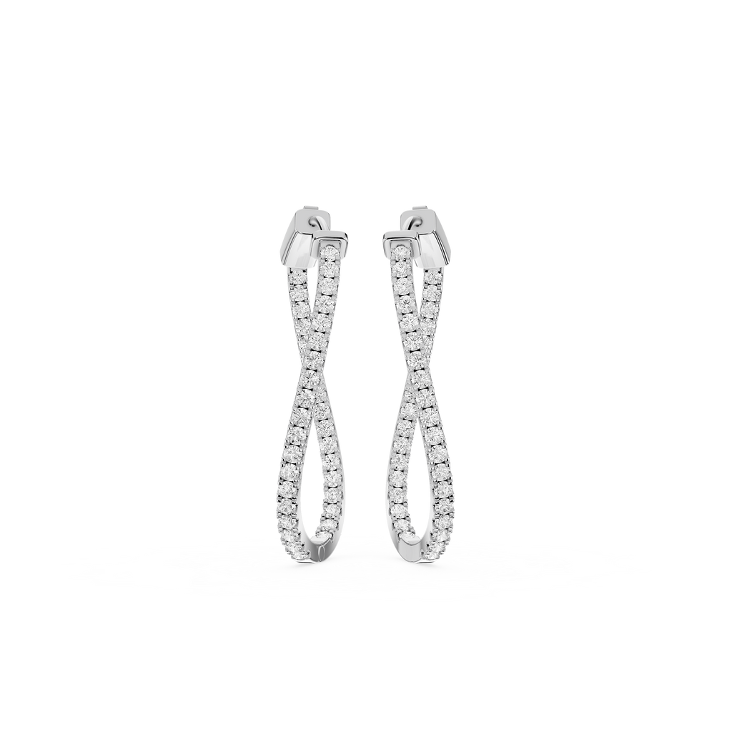 Pair of silver hoop earrings with embedded stones on a white background